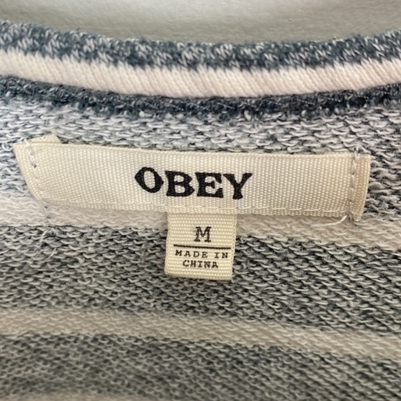 OBEY Grey and White Striped Crewneck Shirt Size Medium - Picture 3 of 6